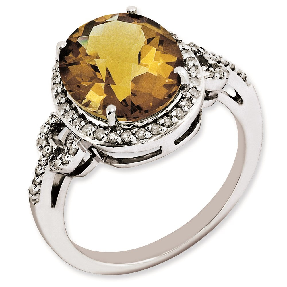 Sterlingsilber Rhodiniert Oval Diamant & Karo Schliff Whiskey Quarz Ring (size 7 Nur)