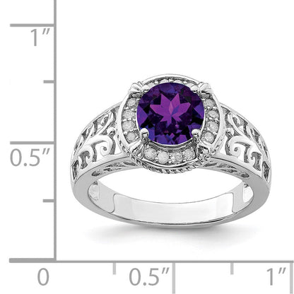 Sterlingsilber Rhodiniert Amethyst & Diamant Ring (size 7 Nur)