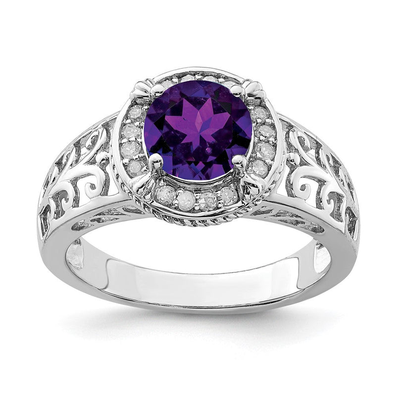 Sterlingsilber Rhodiniert Amethyst & Diamant Ring (size 7 Nur)