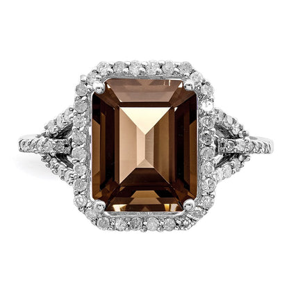 Sterlingsilber Rhodium Octagonal Diamant & Rauch Quarz Ring (size 7 Nur)