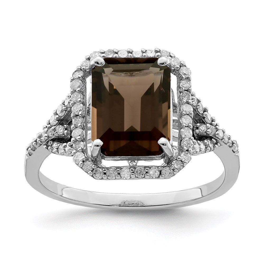 Sterlingsilber Rhodium Octagonal Diamant & Rauch Quarz Ring (size 7 Nur)