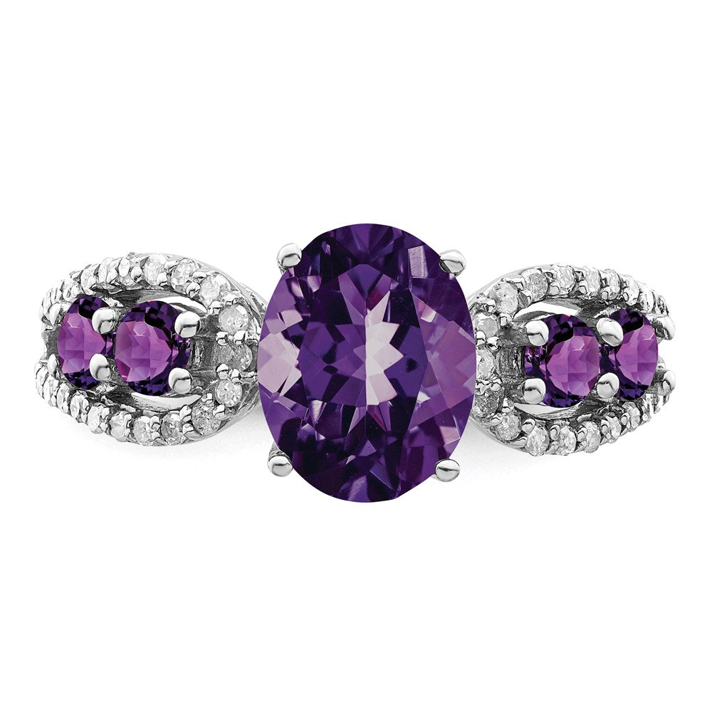 Sterlingsilber Rhodiniert Amethyst & Oval Diamant Ring (size 7 Nur)