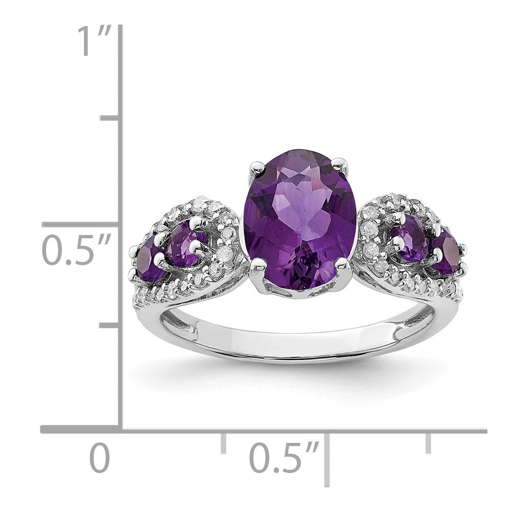 Sterlingsilber Rhodiniert Amethyst & Oval Diamant Ring (size 7 Nur)