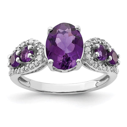 Sterlingsilber Rhodiniert Amethyst & Oval Diamant Ring (size 7 Nur)