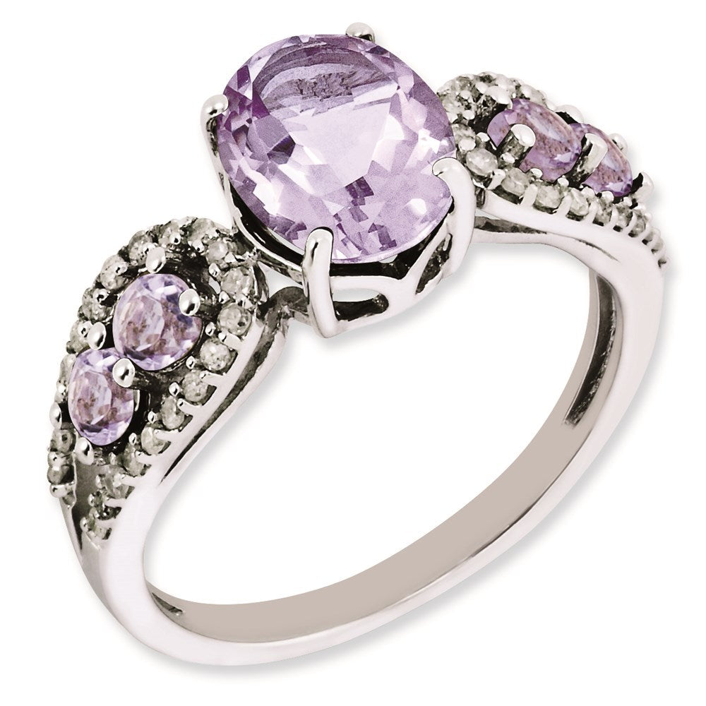 Sterlingsilber Rhodiniert Diamant & Oval Rosa Quarz Ring (size 7 Nur)