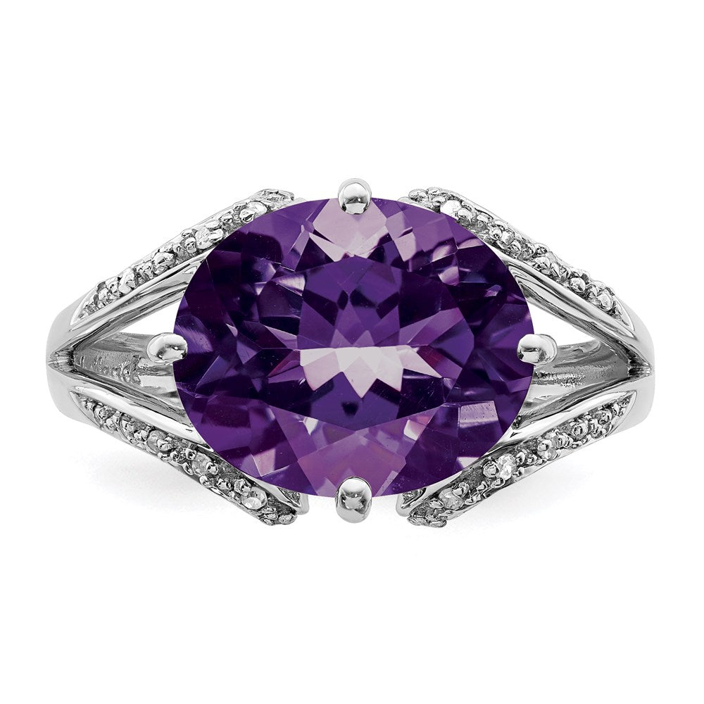 Sterlingsilber Rhodiniert Oval Amethyst & Diamant Ring (size 7 Nur)
