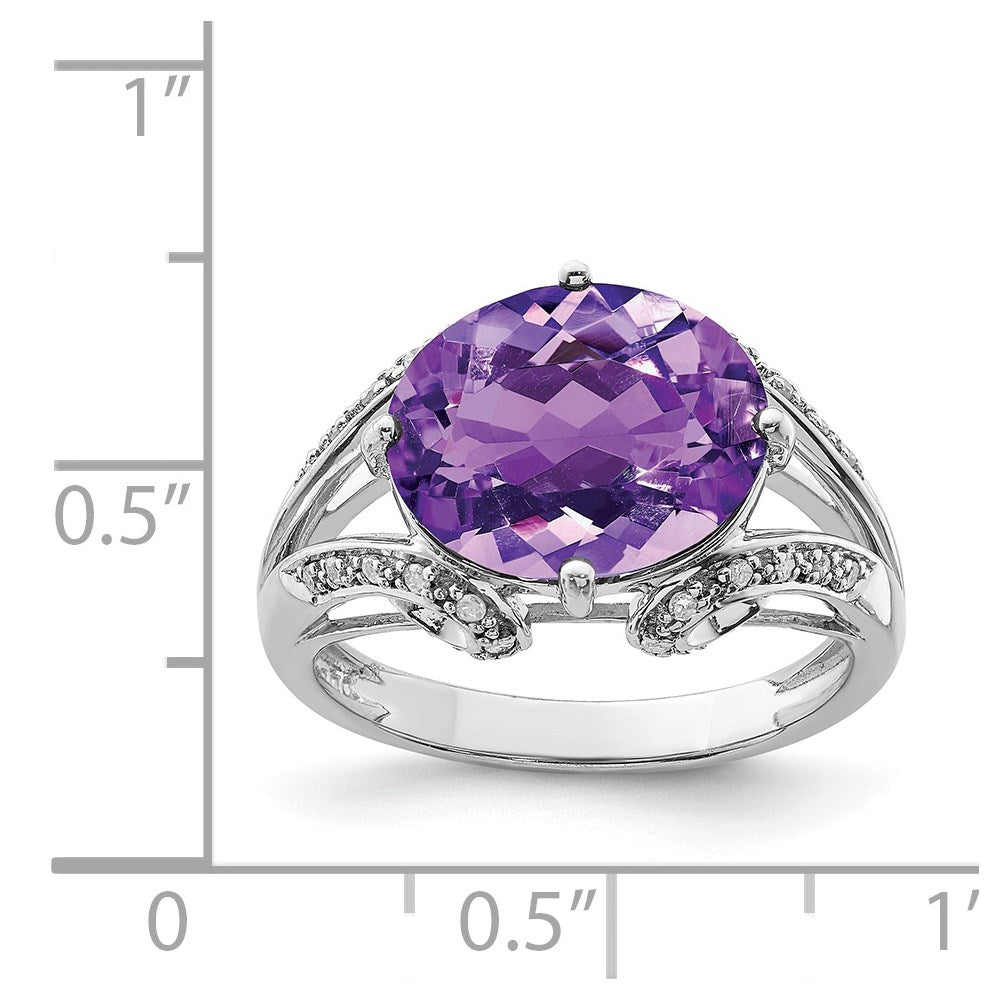 Sterlingsilber Rhodiniert Oval Amethyst & Diamant Ring (size 7 Nur)