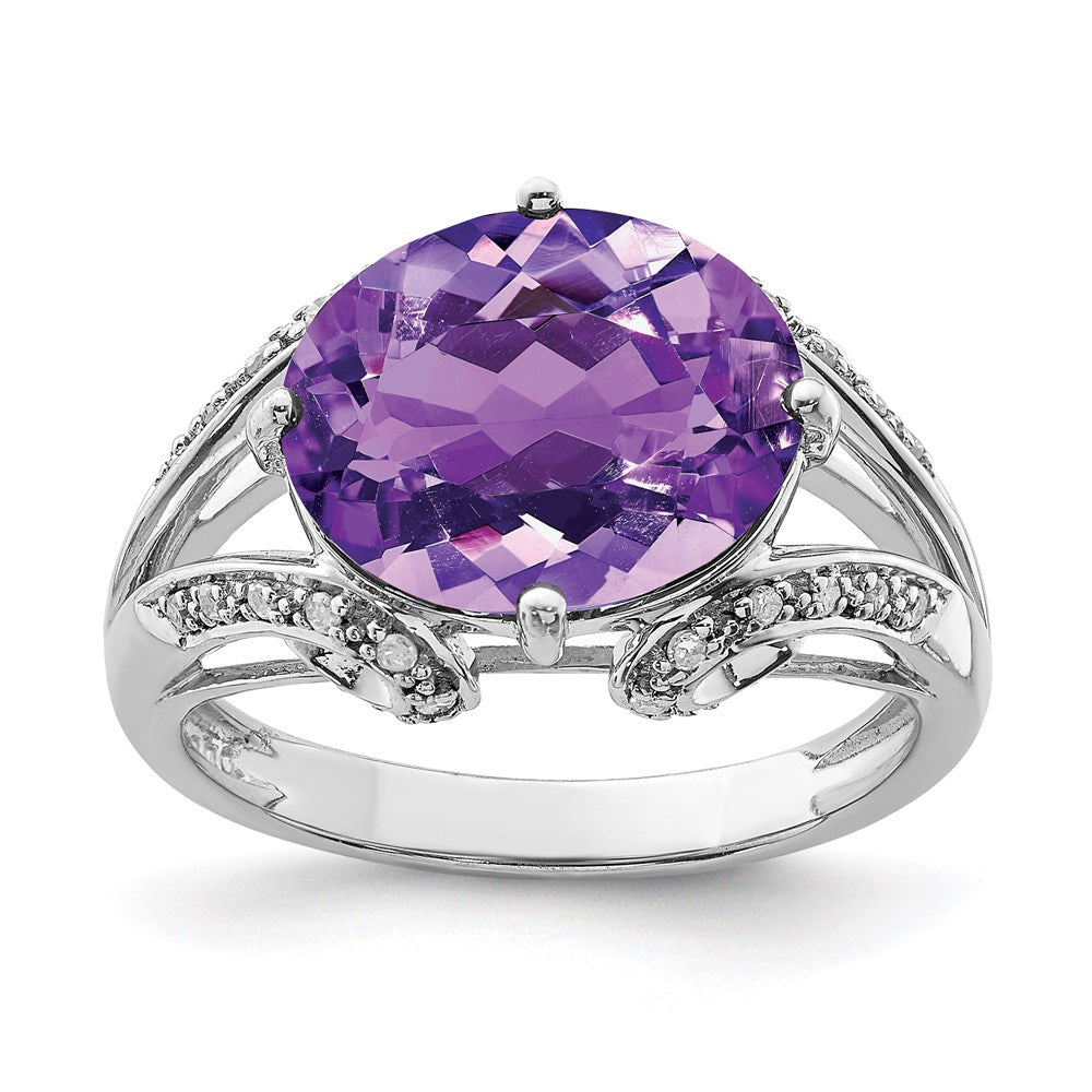 Sterlingsilber Rhodiniert Oval Amethyst & Diamant Ring (size 7 Nur)