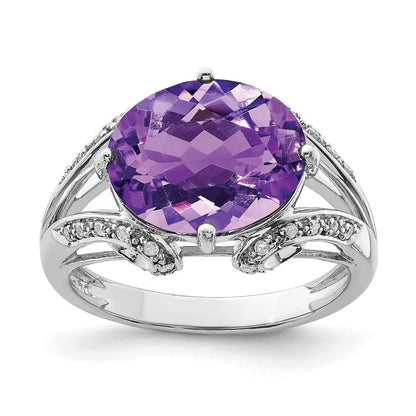 Sterlingsilber Rhodiniert Oval Amethyst & Diamant Ring (size 7 Nur)
