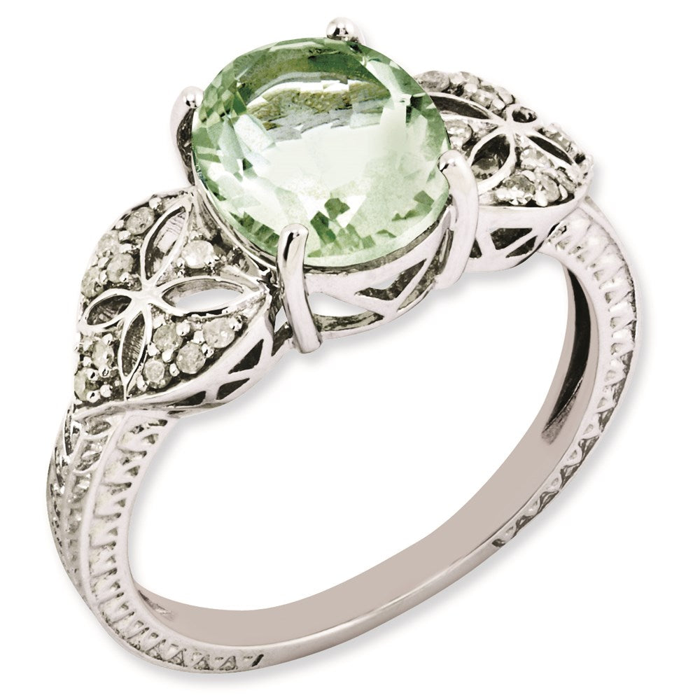 Sterlingsilber Rhodiniert Oval Diamant & Grün Quarz Ring (size 7 Nur)