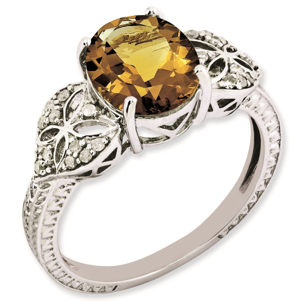 Sterlingsilber Rhodiniert Oval Diamant & Whiskey Quarz Ring (size 7 Nur)