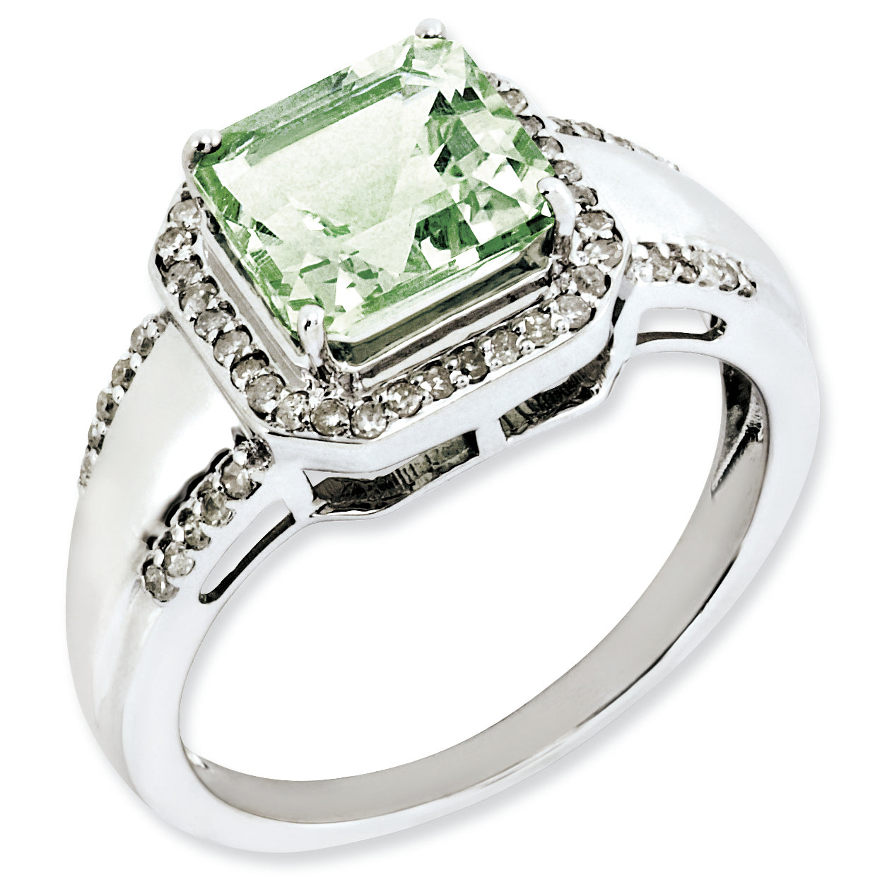 Sterlingsilber Rhodiniert Quadratisch Diamant & Grün Quarz Ring