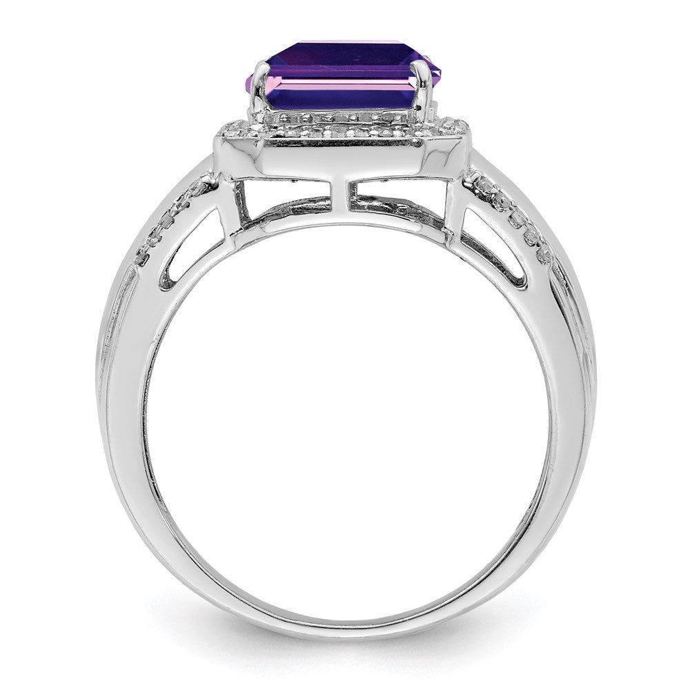 Sterlingsilber Rhodiniert Quadratisch Amethyst & Diamant Ring (size 7 Nur)