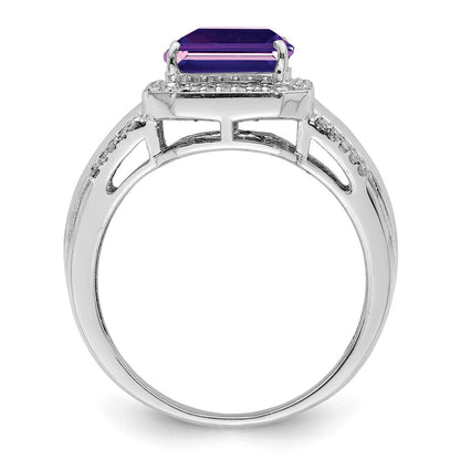 Sterlingsilber Rhodiniert Quadratisch Amethyst & Diamant Ring (size 7 Nur)