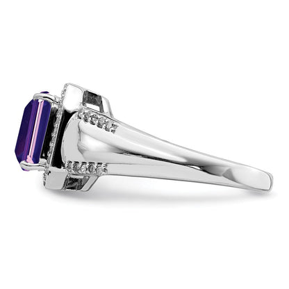 Sterlingsilber Rhodiniert Quadratisch Amethyst & Diamant Ring (size 7 Nur)