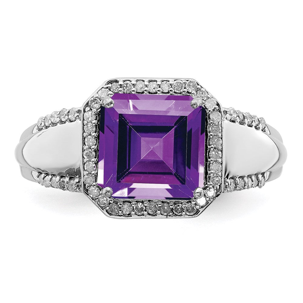 Sterlingsilber Rhodiniert Quadratisch Amethyst & Diamant Ring (size 7 Nur)