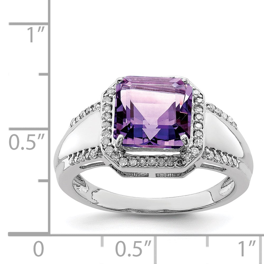 Sterlingsilber Rhodiniert Quadratisch Amethyst & Diamant Ring (size 7 Nur)