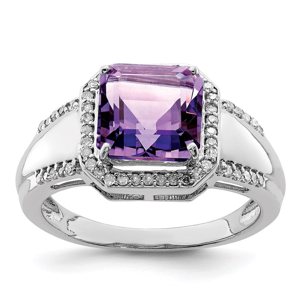 Sterlingsilber Rhodiniert Quadratisch Amethyst & Diamant Ring (size 7 Nur)