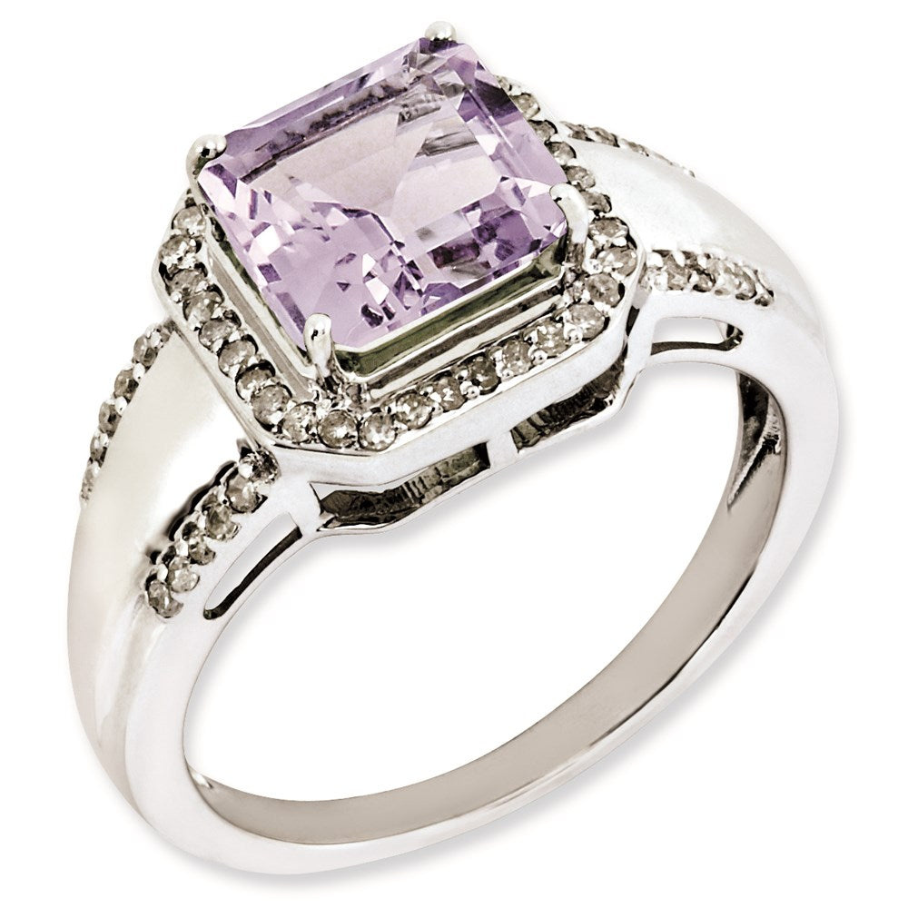 Sterlingsilber Rhodiniert Quadratisch Diamant & Rosa Quarz Ring (size 7 Nur)
