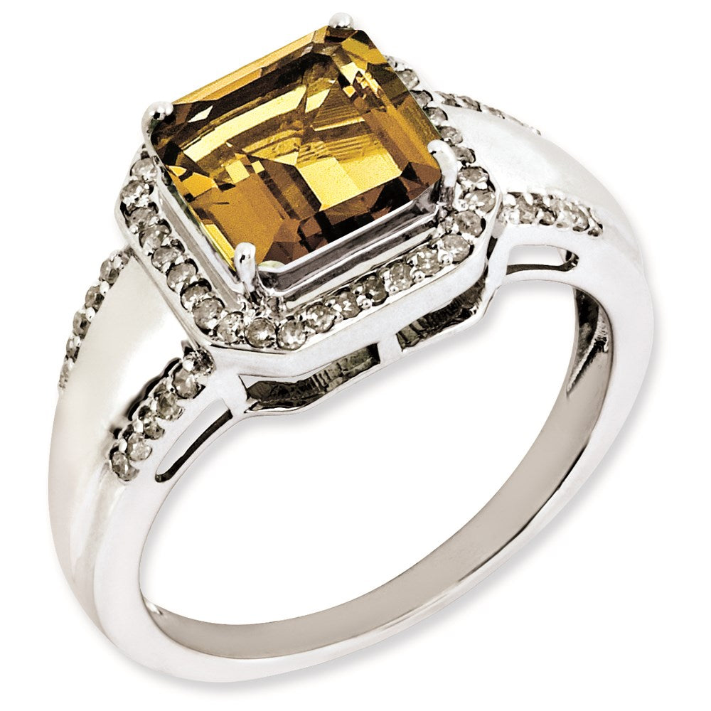 Sterlingsilber Rhodiniert Quadratisch Diamant & Whiskey Quarz Ring (size 7 Nur)