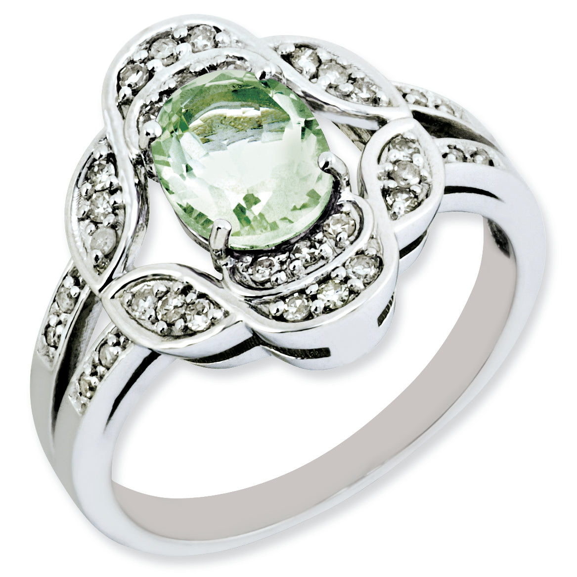 Sterlingsilber Rhodiniert Oval Diamant & Grün Quarz Ring