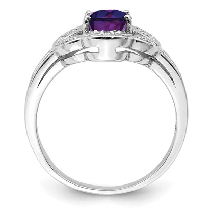 Sterlingsilber Rhodiniert Oval Amethyst & Diamant Ring (size 7 Nur)