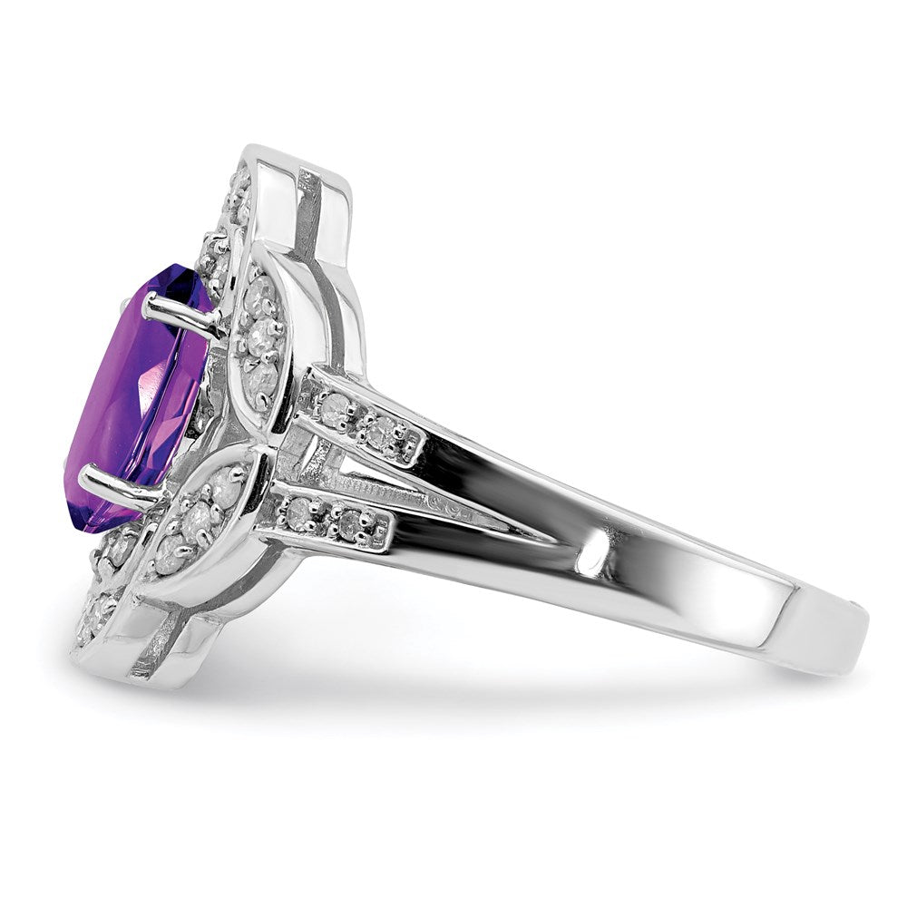 Sterlingsilber Rhodiniert Oval Amethyst & Diamant Ring (size 7 Nur)
