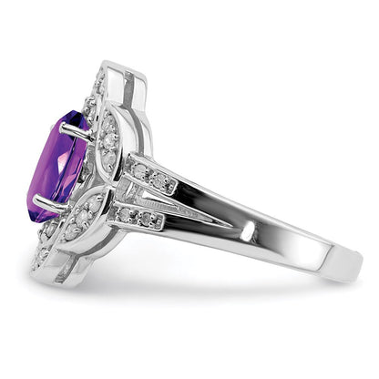Sterlingsilber Rhodiniert Oval Amethyst & Diamant Ring (size 7 Nur)
