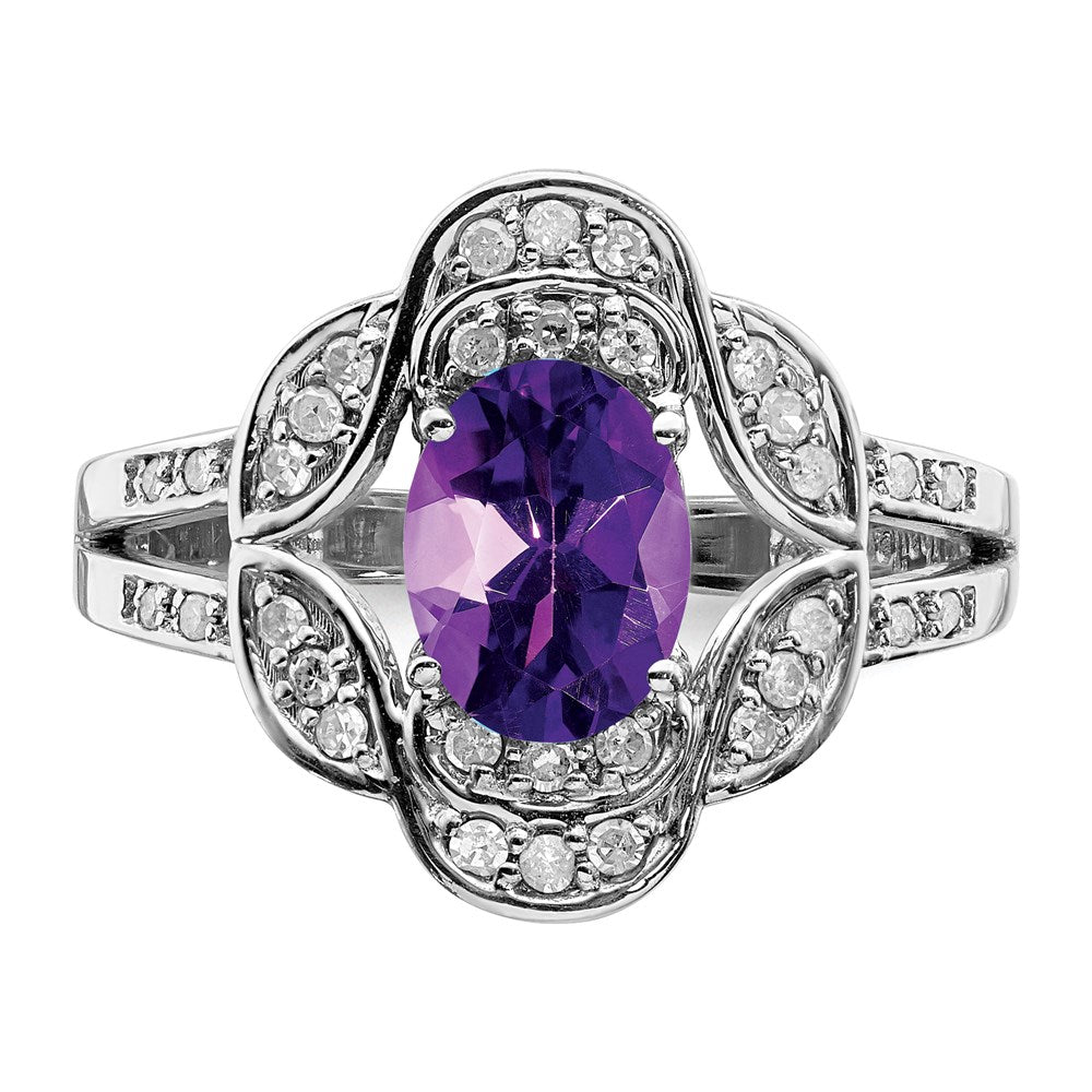 Sterlingsilber Rhodiniert Oval Amethyst & Diamant Ring (size 7 Nur)