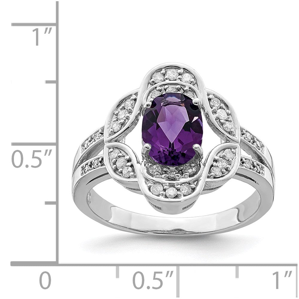 Sterlingsilber Rhodiniert Oval Amethyst & Diamant Ring (size 7 Nur)