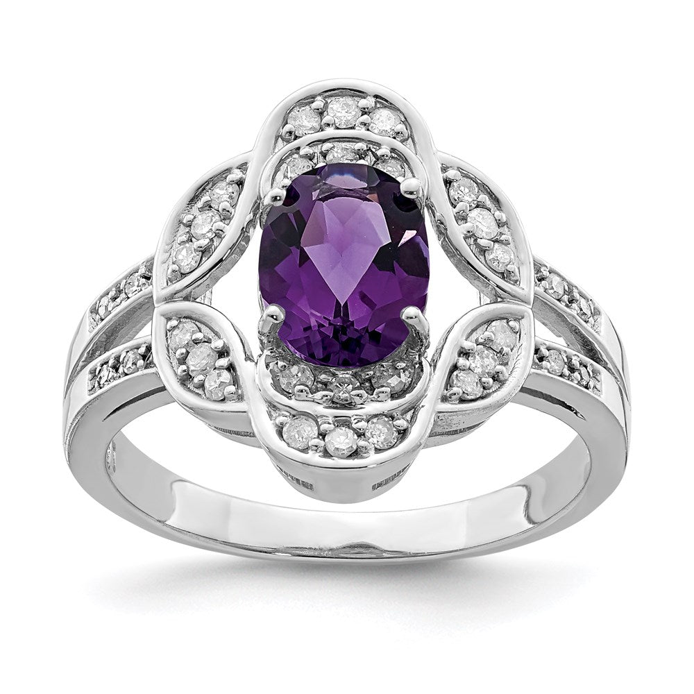 Sterlingsilber Rhodiniert Oval Amethyst & Diamant Ring (size 7 Nur)