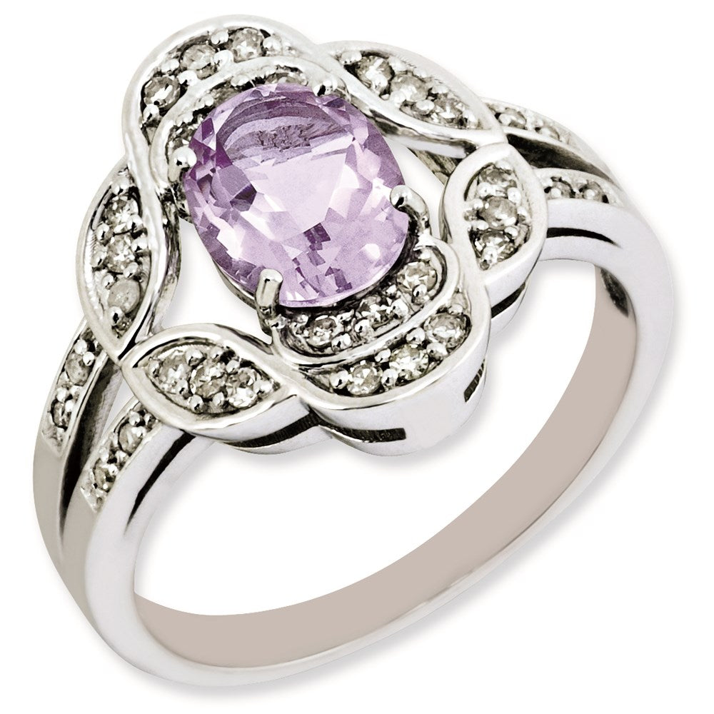 Sterlingsilber Rhodiniert Oval Diamant & Rosa Quarz Ring