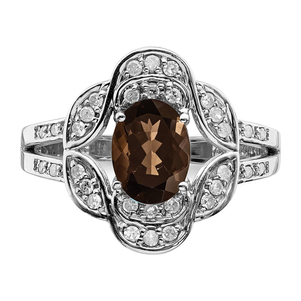 Sterlingsilber Rhodium Oval Diamant & Rauch Quarz Ring (size 7 Nur)