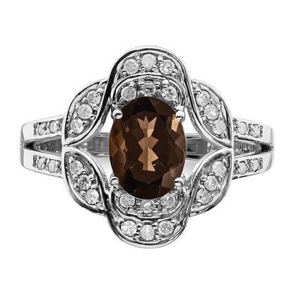 Sterlingsilber Rhodium Oval Diamant & Rauch Quarz Ring (size 7 Nur)