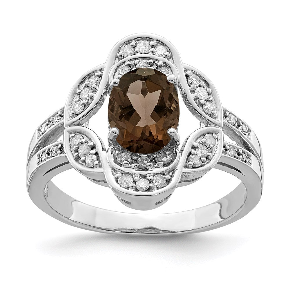 Sterlingsilber Rhodium Oval Diamant & Rauch Quarz Ring (size 7 Nur)