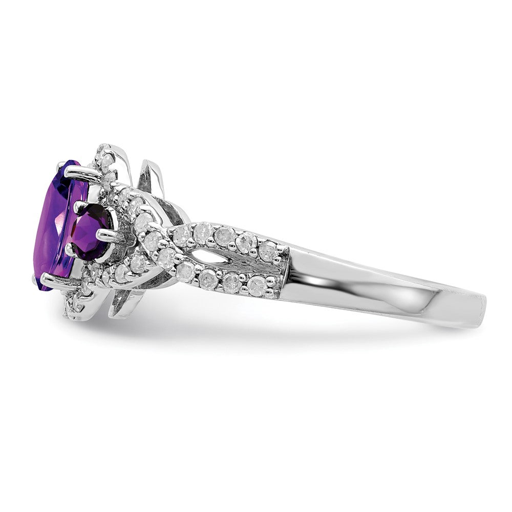 Sterlingsilber Rhodiniert Oval Amethyst & Diamant Ring