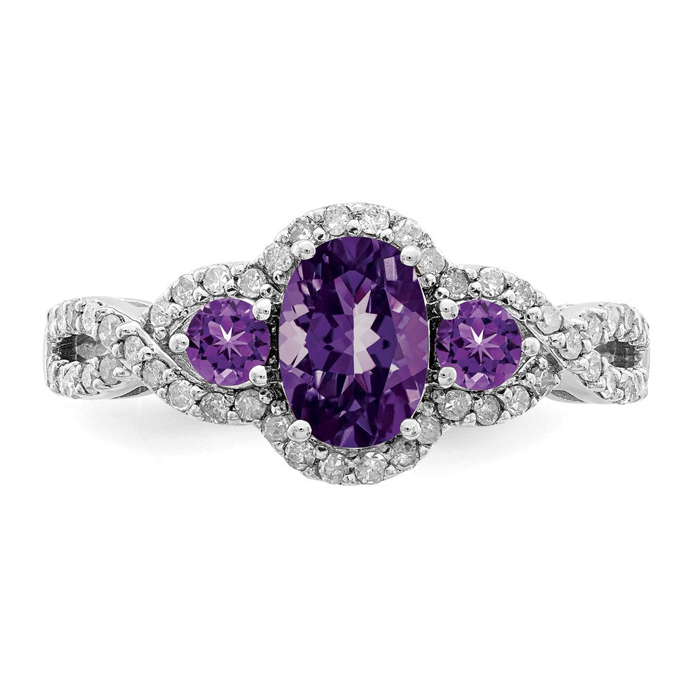 Sterlingsilber Rhodiniert Oval Amethyst & Diamant Ring