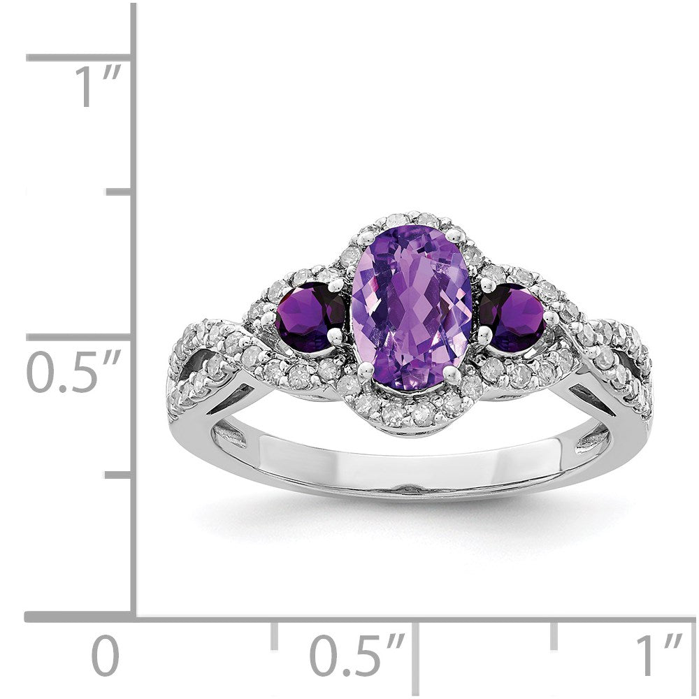 Sterlingsilber Rhodiniert Oval Amethyst & Diamant Ring