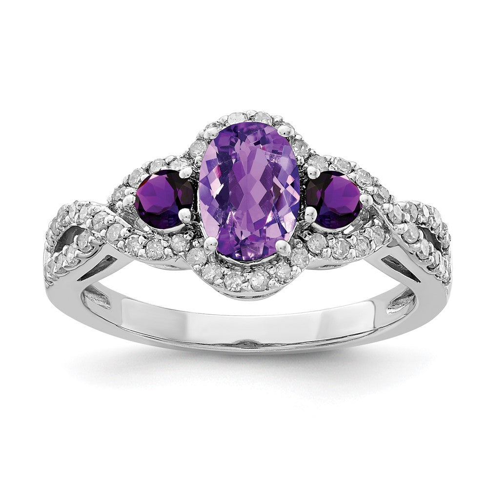 Sterlingsilber Rhodiniert Oval Amethyst & Diamant Ring