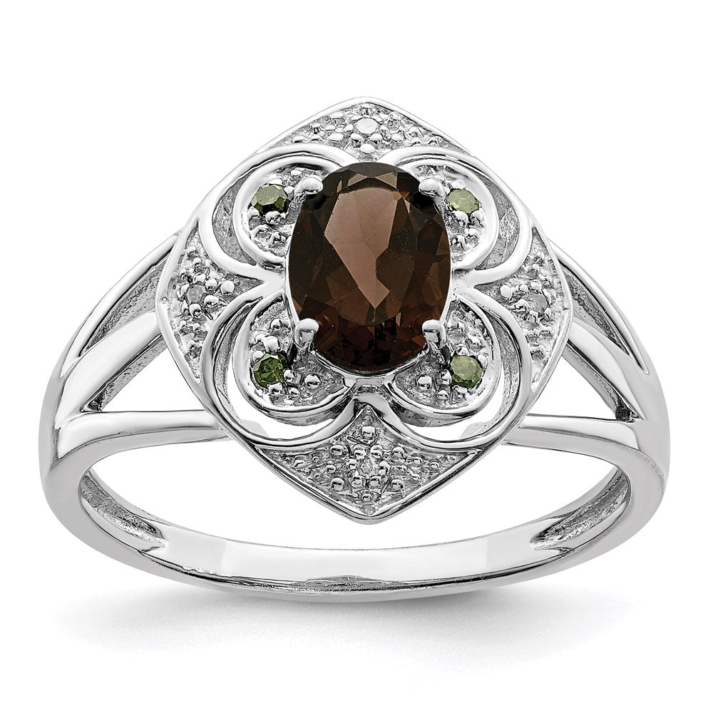 Sterlingsilber Rhodium Oval Rauch Quarz & Diamant Ring (size 7 Nur)