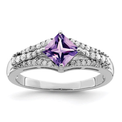 Sterlingsilber Rhodiniert Diamant & Amethyst Ring (size 7 Nur)