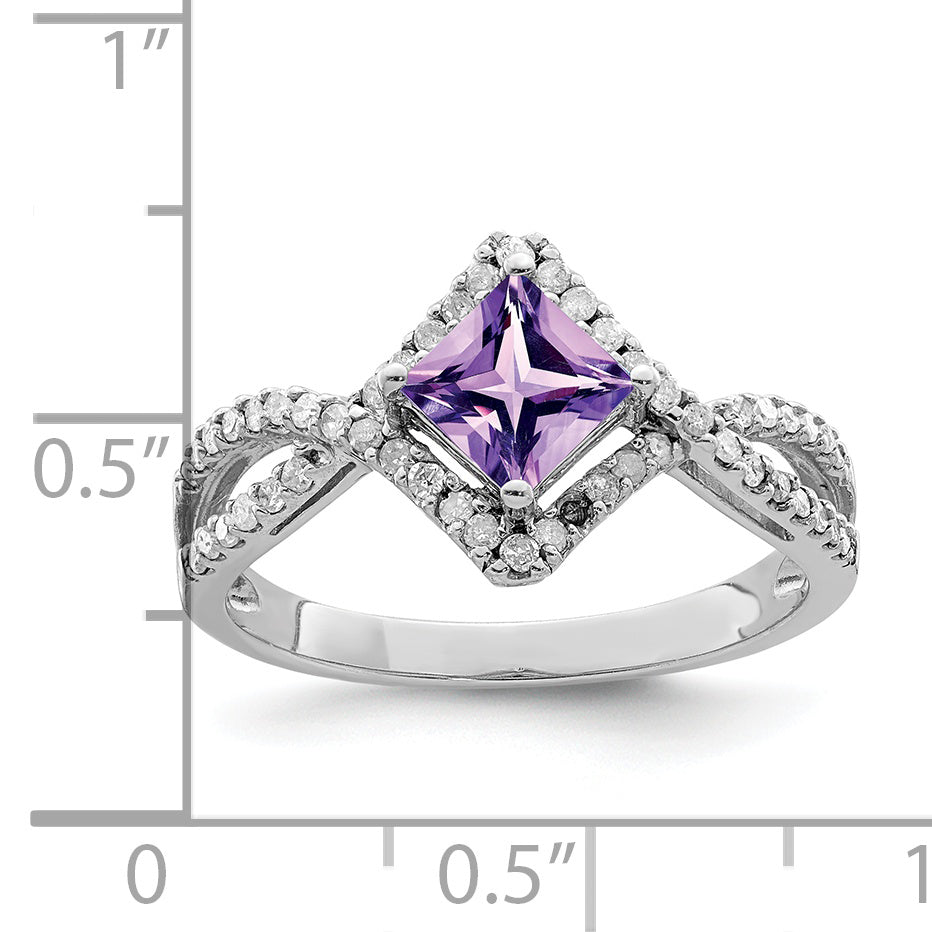 Sterlingsilber Rhodiniert Diamant & Amethyst Ring