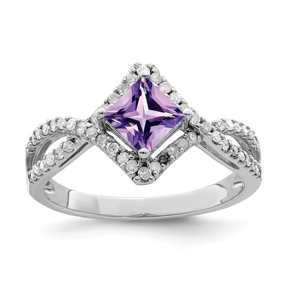Sterlingsilber Rhodiniert Diamant & Amethyst Ring