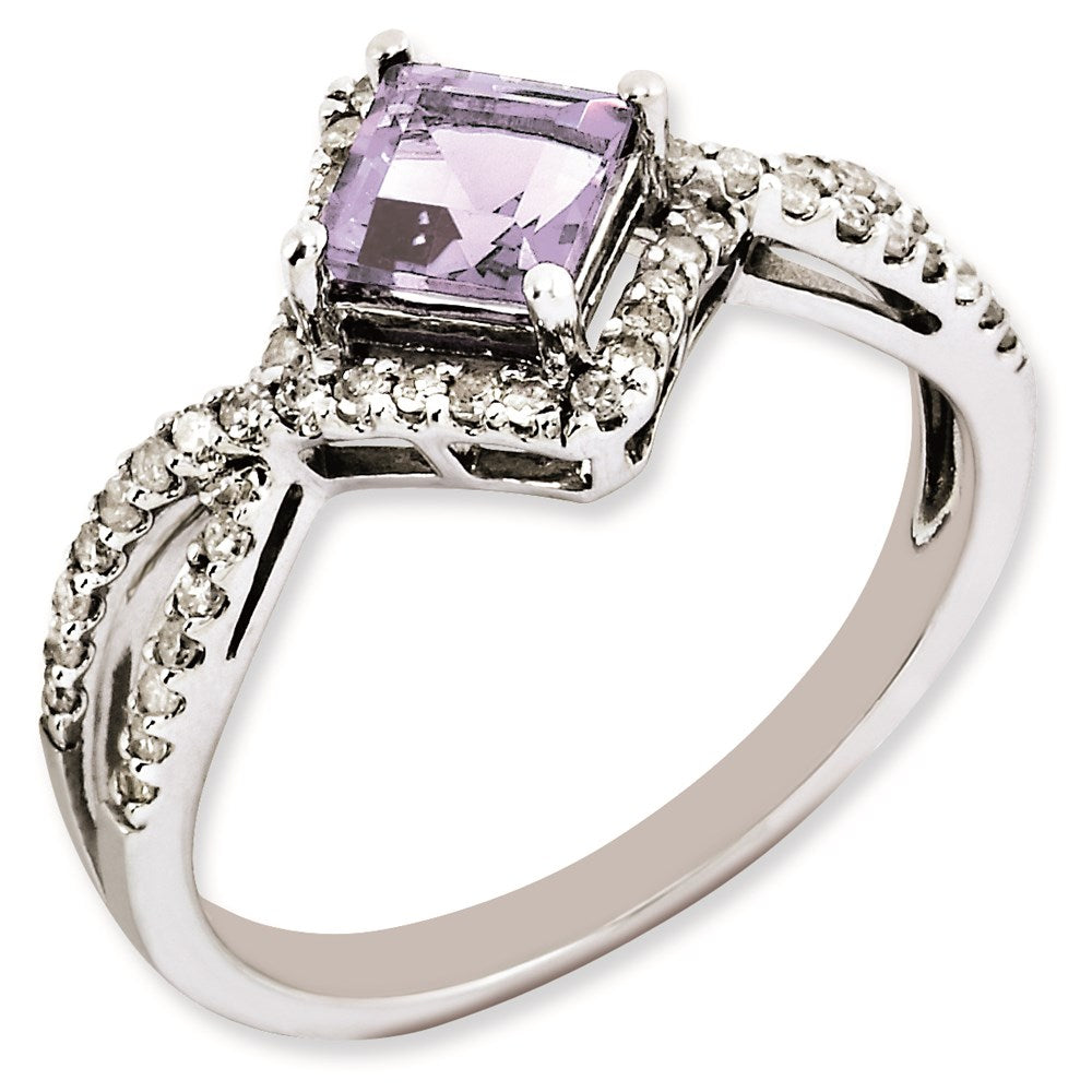 Sterlingsilber Rhodiniert Rosa Quarz & Diamant Ring