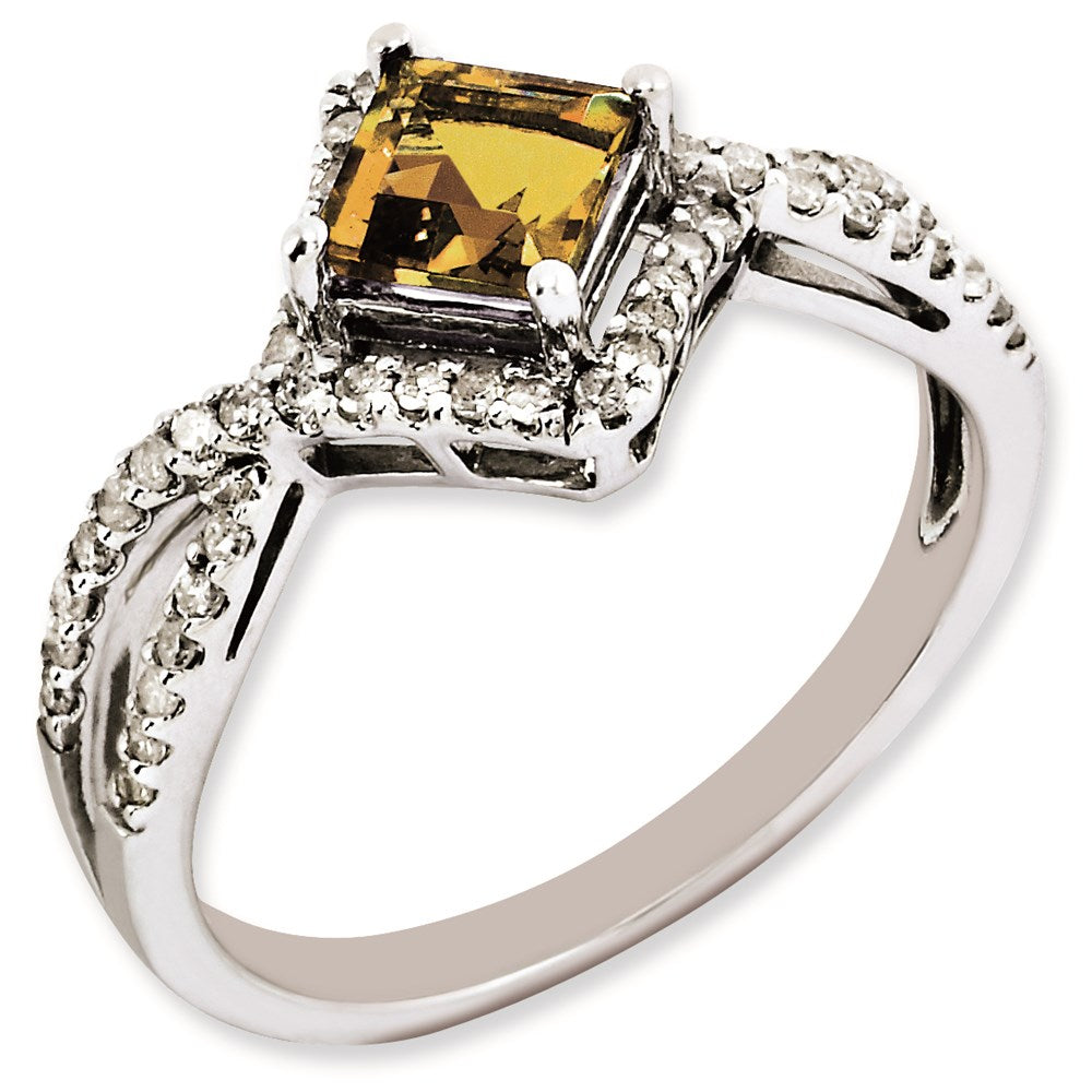 Sterlingsilber Rhodiniert Whiskey Quarz & Diamant Ring