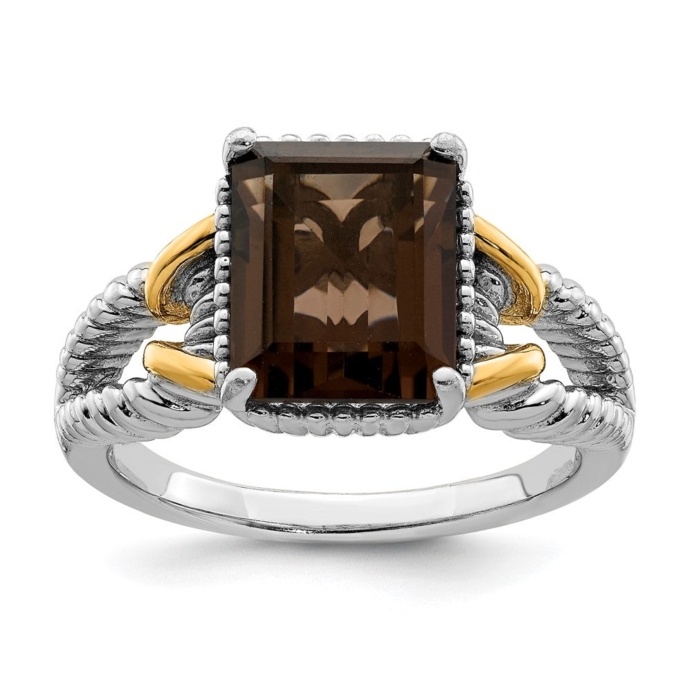 Sterlingsilber Rhodium mit Glanz Gold Platte Rauch Quarz Octagonal Ring