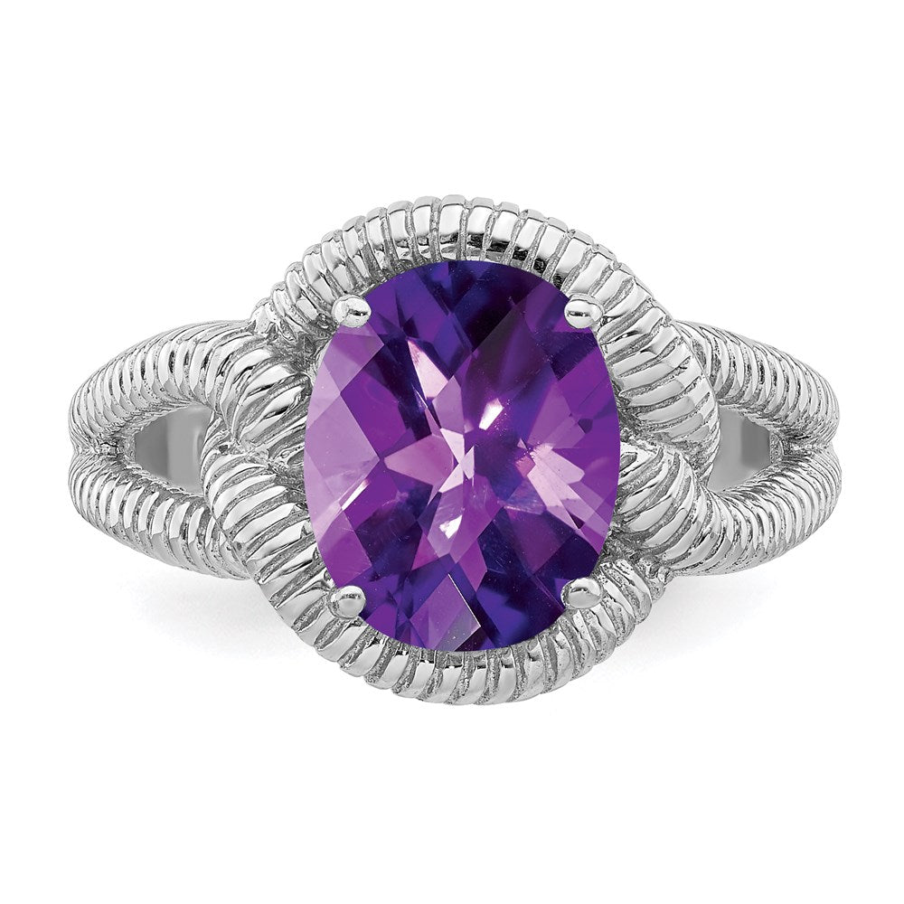 Sterlingsilber Rhodiniert Oval Karo Schliff Amethyst Ring (size 7 Nur)