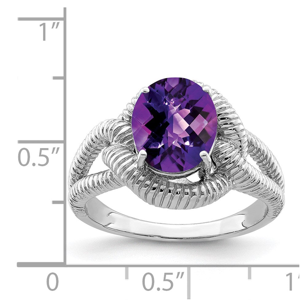 Sterlingsilber Rhodiniert Oval Karo Schliff Amethyst Ring (size 7 Nur)