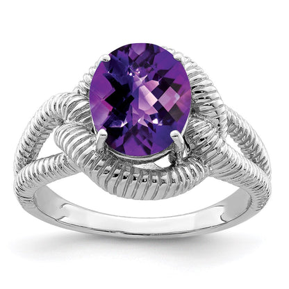Sterlingsilber Rhodiniert Oval Karo Schliff Amethyst Ring (size 7 Nur)
