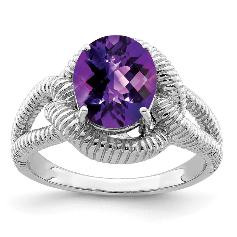 Sterlingsilber Rhodiniert Oval Karo Schliff Amethyst Ring (size 7 Nur)